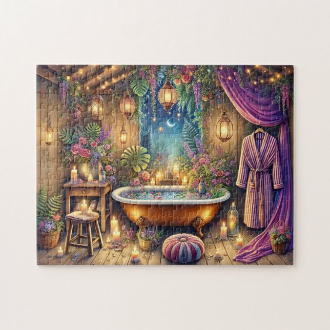 Puzzle Moonlit Spa Bath Enchanted Night Garden Retreat (Horizontal)