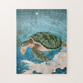 Puzzle Moonlit Waves - Sea Turtle, Japanese Art