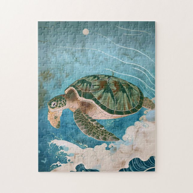 Puzzle Moonlit Waves - Sea Turtle, Japanese Art (Vertical)