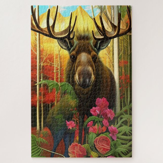 Puzzle Moose en un bosque otoñal con flores (Vertical)