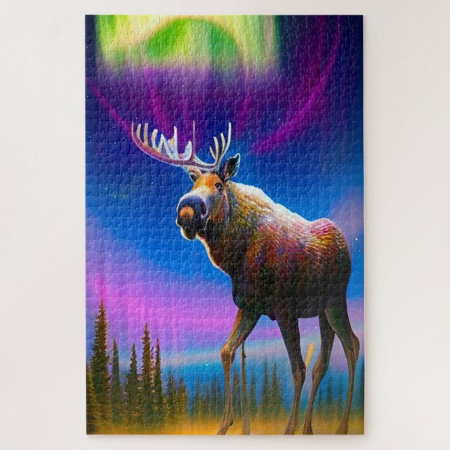Puzzle Moose Under Colorora Borealis Sky (Vertical)