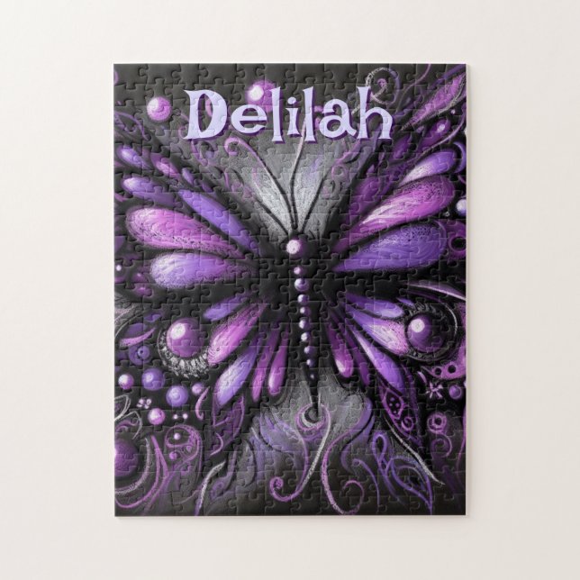 Puzzle Morado gótico de mariposa negra personalizado (Vertical)