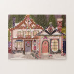 Puzzle Morerry Christmas Festive Winter Village Original<br><div class="desc">Ilustracion original de una escena de pueblo con posada y cafetería decorada para navidades. © Becky Nimoy 2020</div>