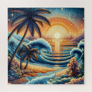 Puzzle Mosaic Ai Art   Atardecer oceánico y palmeras