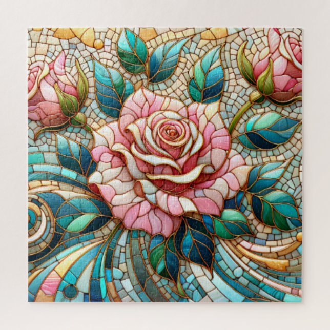 Puzzle Mosaico de vidrio tintado de rosas rosadas (Vertical)