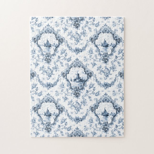 Puzzle Mosaico floral grabado con molino de viento y barc (Vertical)