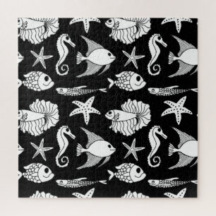 Puzzle Motif De Pescado: Patrón Blanco Negro.