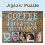 Puzzle Motivación para el café 4 foto azul marrón<br><div class="desc">Empieza tu día con alegría y conexión con este rompecabezas de cuatro fotos de personalizable. Con la sincera frase "El café y mi familia son mi mayor motivación", este rompecabezas es perfecto tanto para los amantes del café como para los entusiastas de la familia. Personalízalo con tus fotos favoritas para...</div>