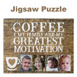 Puzzle Motivación para el café 4 foto marrón blanco<br><div class="desc">Empieza tu día con alegría y conexión con este rompecabezas de cuatro fotos de personalizable. Con la sincera frase "El café y mi familia son mi mayor motivación", este rompecabezas es perfecto tanto para los amantes del café como para los entusiastas de la familia. Personalízalo con tus fotos favoritas para...</div>