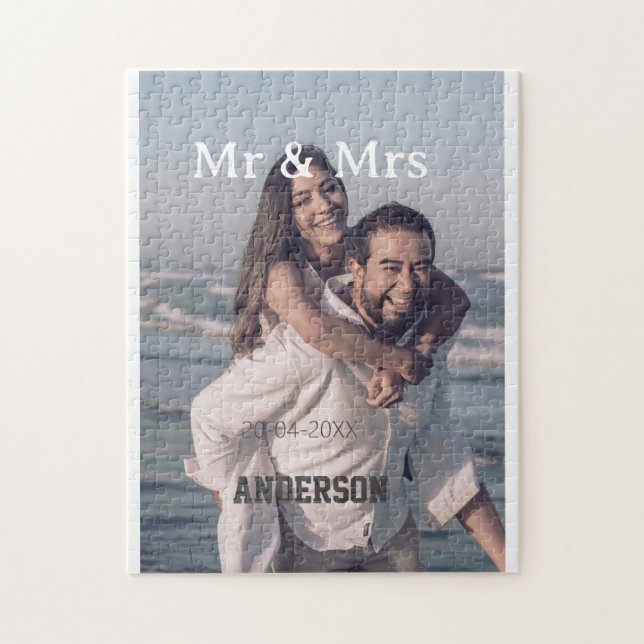 Puzzle Mr & Mrs add family name photo date wedding family (Vertical)