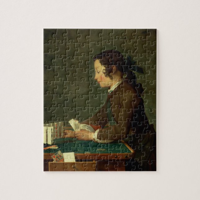 Puzzle Muchacho que construye un castillo de las tarjetas (Vertical)