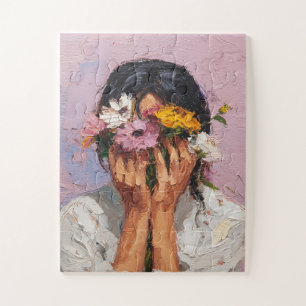 Puzzle Mujer abstracta sosteniendo flor floreciendo y mar