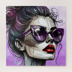 Puzzle Mujer atractiva con gafas de sol moradas y lápiz l