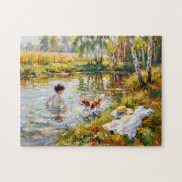 Puzzle Mujer bañándose en un estanque con Cavalier Spanie