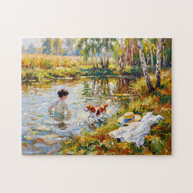 Puzzle Mujer bañándose en un estanque con Cavalier Spanie (Horizontal)