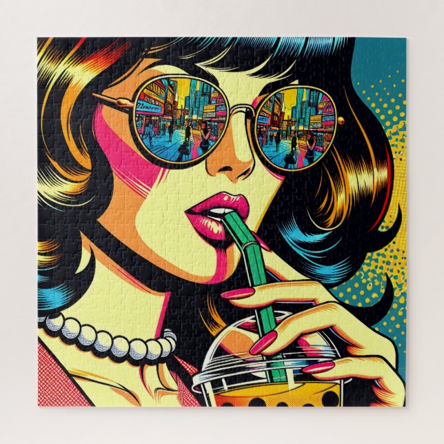 Puzzle Mujer Bonita de Cómic de Pop Art Bebiendo Boba (Vertical)