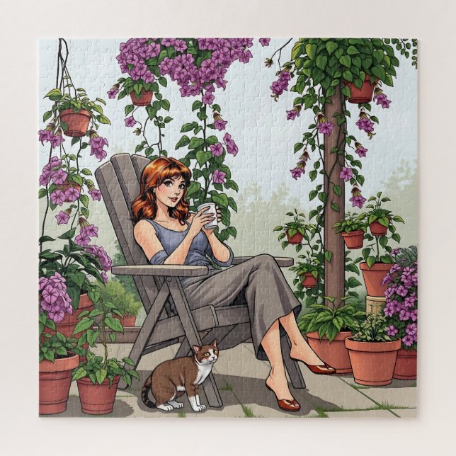 Puzzle Mujer bonito bebiendo café, su perro y sus plantas (Vertical)