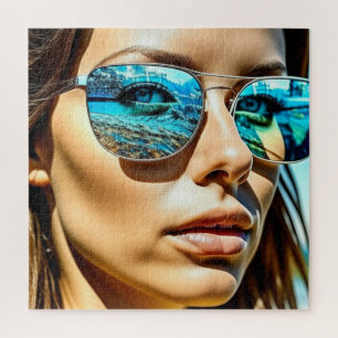 Puzzle Mujer bonito con reflexión sobre gafas de sol en l