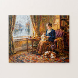 Puzzle Mujer bordando junto a la ventana con Cavalier Spa