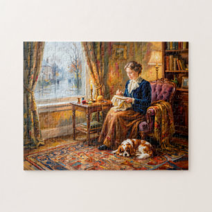 Puzzle Mujer bordando junto a la ventana con Cavalier Spa
