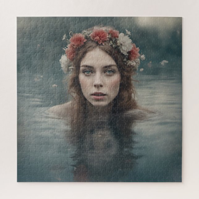 Puzzle Mujer con flores en la cabeza flotando en un estan (Vertical)