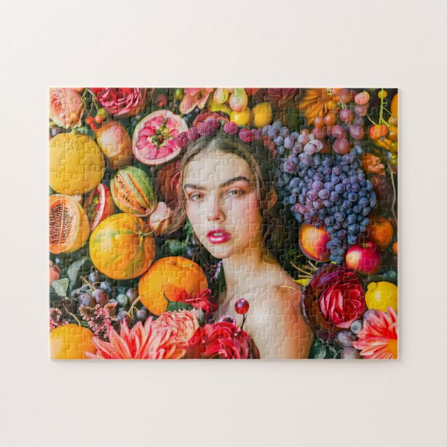 Puzzle Mujer con frutas cítricas y guirnalda de flores (Horizontal)
