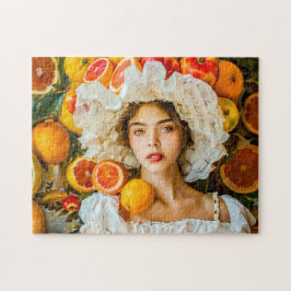 Puzzle Mujer con frutas cítricas y guirnalda de flores