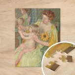 Puzzle Mujer con girasol | Mary Cassatt<br><div class="desc">Mujer con girasol (1905) de la impresionista estadounidense Mary Cassatt. La obra original es una pintura al óleo sobre lienzo que representa un retrato de una madre que lleva un vestido amarillo y un girasol, mirando al espejo con su hija en el regazo. Utilice las herramientas de diseño para agregar...</div>
