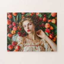 Mujer con melocotones y cerezas