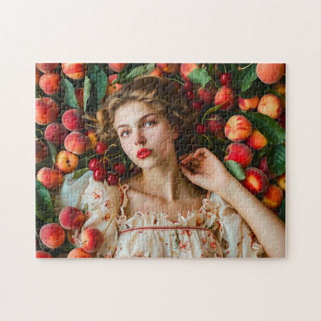 Puzzle Mujer con melocotones y cerezas (Horizontal)