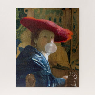 Puzzle Mujer con sombrero rojo soplando chicle