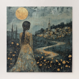 Puzzle Mujer contemplando la ciudad a la luz de la luna