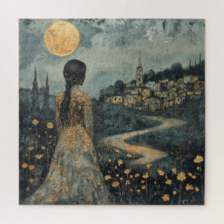Puzzle Mujer contemplando la ciudad a la luz de la luna