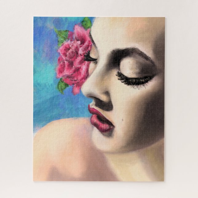 Puzzle Mujer de belleza con rosa rojo - Arte de pintura o (Vertical)