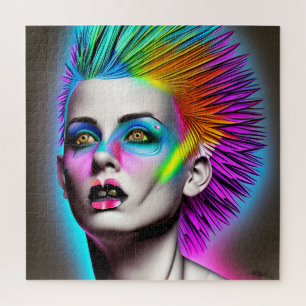 Puzzle Mujer distópica con mohawk de arcoíris Arte de IA