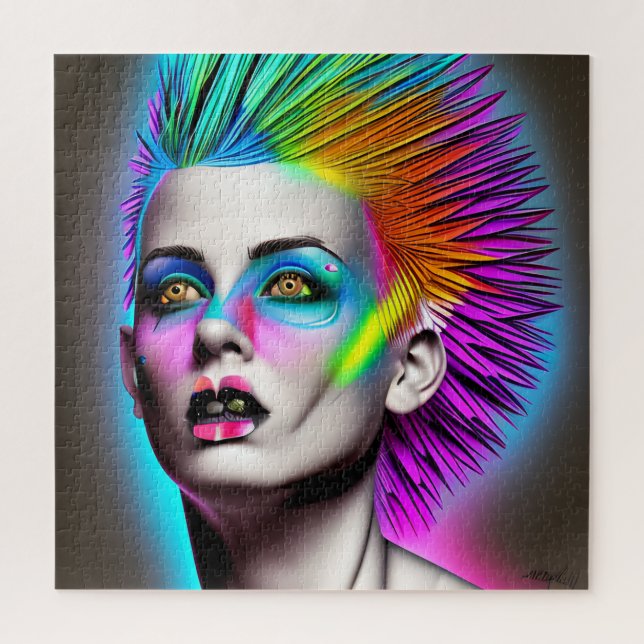 Puzzle Mujer distópica con mohawk de arcoíris Arte de IA (Vertical)