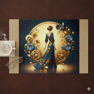 Puzzle Mujer elegante Art Deco en dorado y azul