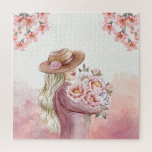 Puzzle Mujer elegante con estampado artístico de peonías