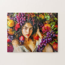 Mujer elegante con uvas de granada y flores c