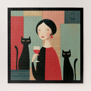 Puzzle Mujer Elegante Gatos Negros y Vino