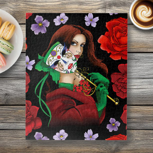 Puzzle Mujer Elegante Máscara Veneciana Rojo Verde