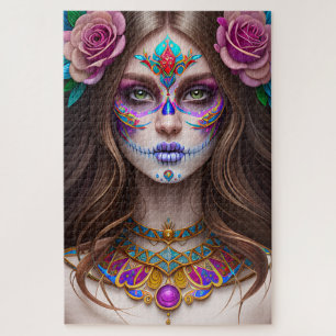 Puzzle Mujer en arte de maquillaje de cráneo de azúcar