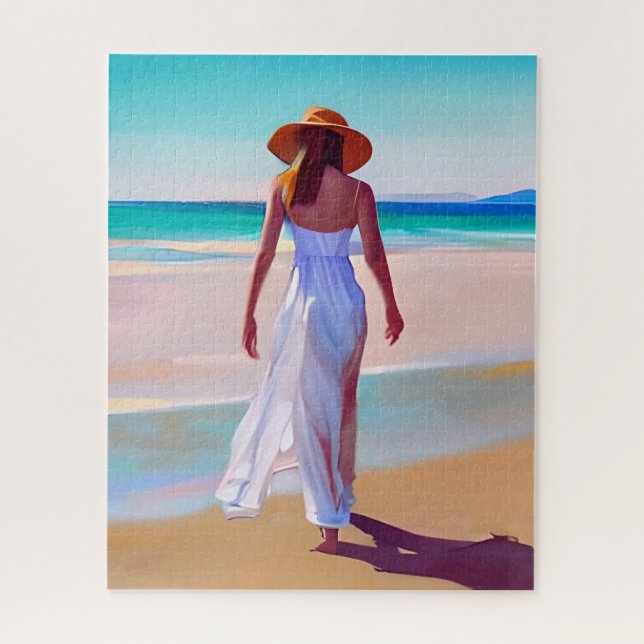 Puzzle Mujer en blanco en la playa (Vertical)