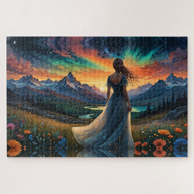 Puzzle Mujer en el campo floral Sunrise sobre el lago Mou (Horizontal)