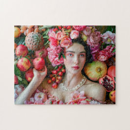 Puzzle Mujer en vestido floral con exhibición de frutas