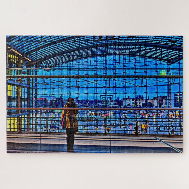 Puzzle Mujer esperando un tren en la hora azul (Horizontal)