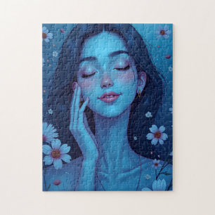 Puzzle Mujer floral de meditación de animaciones azules