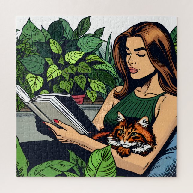 Puzzle Mujer, gato y libro de historietas (Vertical)