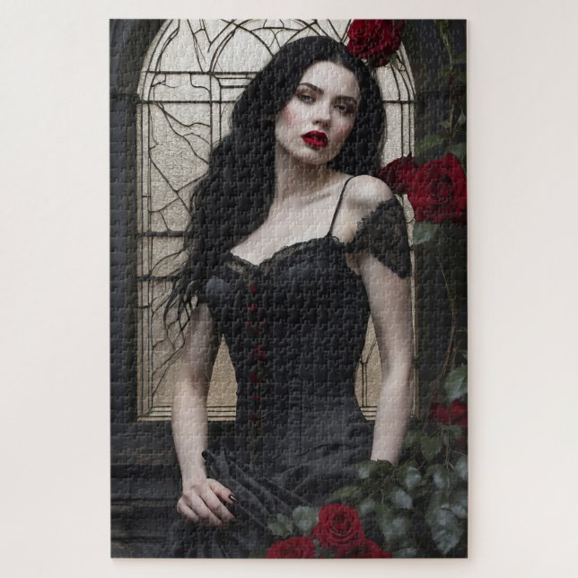 Puzzle Mujer Gótica con Rosas Rojas (Vertical)