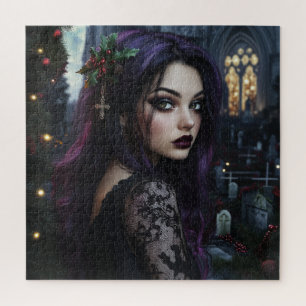 Puzzle Mujer gótica en cementerio navideño